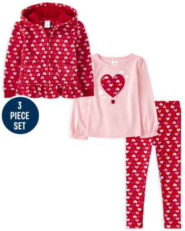 Girls Heart Peplum Zip Up Hoodie, Embroidered Hot Air Balloon Top And Heart Leggings Set - Valentine Cutie