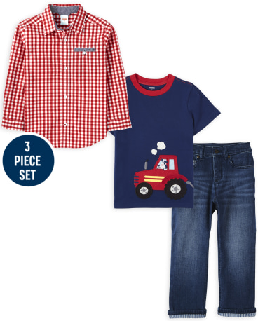 Boys Embroidered Tractor Top, Gingham Button Up Shirt And Roll Cuff Jeans Set - Farming Friends