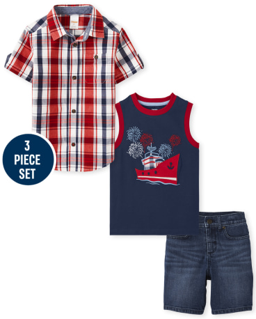 Boys Plaid Button Up Shirt, Embroidered Ship Tank Top And Denim Shorts Set - American Cutie