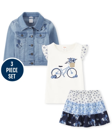 Conjunto de top con aleteo de bicicleta bordado para niña, falda pantalón con capas florales y chaqueta de mezclilla floral bordada - Blue Skies