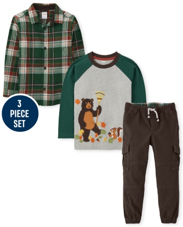 Boys Embroidered Bear Raglan Top, Plaid Button Up Shirt And Pull On Cargo Pants Set - Autumn Harvest