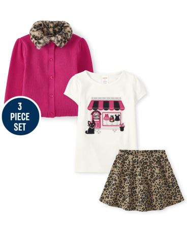 Girls Embroidered Shop Top, Faux Fur Cardigan And Leopard Ponte Skort Set - Purrrfect in Pink
