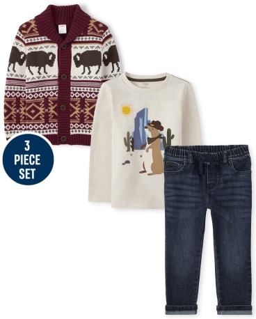 Boys Bison Fairisle Sweater, Embroidered Prairie Dog Top And Pull On Jeans Set - County Fair