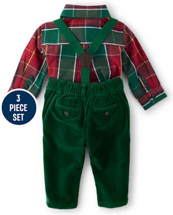 Baby Boys Matching Family Plaid Bodysuit And Velvet Dress Pants Set - Holiday Traditions