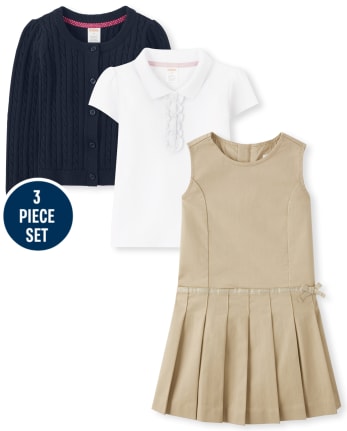 Girls Cable Knit Cardigan, Ruffle Polo with Stain Resistance And Pleated Jumper with Stain and Wrinkle Resistance Set - Uniform