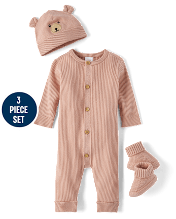 Baby Girls Bear Ribbed Sweater Romper 3-Piece Outfit Set - Homegrown by Gymboree