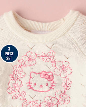Baby Girls Hello KittyÂ® Embroidered Floral Pointelle 3-Piece Sweater Set