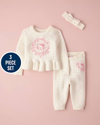 Baby Girls Hello KittyÂ® Embroidered Floral Pointelle 3-Piece Sweater Set
