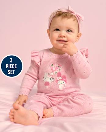 Baby Girls Hello Kitty® And Friends Applique Pointelle 3-Piece Sweater Set