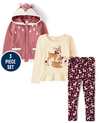 Girls Embroidered Deer 3-Piece Outfit Set - Country Charm