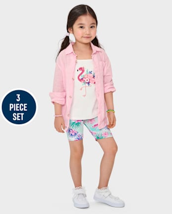 Girls Embroidered Flamingo 3-Piece Outfit Set - Seaside Palms