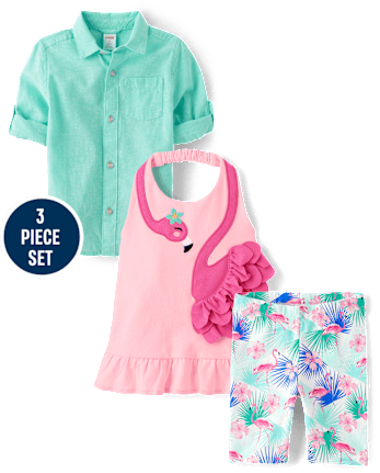 Girls Flamingo Ruffle 3-Piece Outfit Set - Seaside Palms
