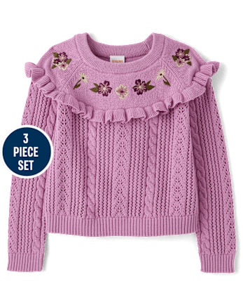Girls Floral Pointelle Sweater 3-Piece Outfit Set - Magical Meadows