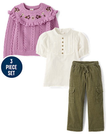 Girls Floral Pointelle Sweater 3-Piece Outfit Set - Magical Meadows