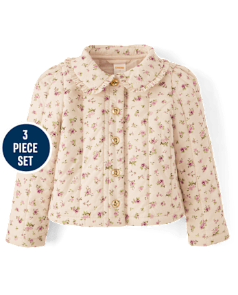 Girls Floral Quilted Jacket 3-Piece Outfit Set - Magical Meadows