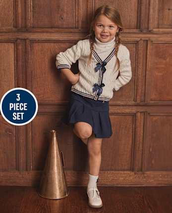 Ensemble 3 pièces cardigan en maille torsadée avec nœud pour fille - Campus Cuties