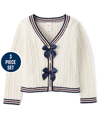 Ensemble 3 pièces cardigan en maille torsadée avec nœud pour fille - Campus Cuties