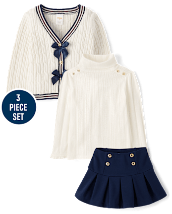 Girls Bow Cable Knit Cardigan 3-Piece Outfit Set - Campus Cuties