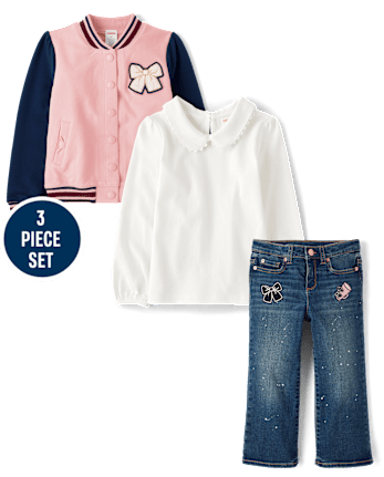 Girls Bow Varsity Jacket 3-Piece Outfit Set - Campus Cuties