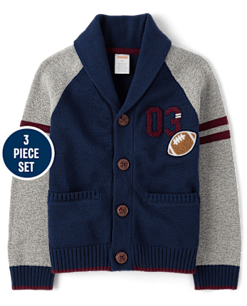 Boys Embroidered Varsity Cardigan 3-Piece Outfit Set - Campus Cuties