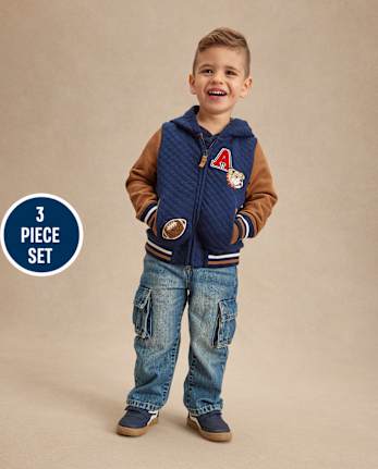 Kids Embroidered Varsity Zip Up Hoodie 3-Piece Outfit Set - Campus Cuties