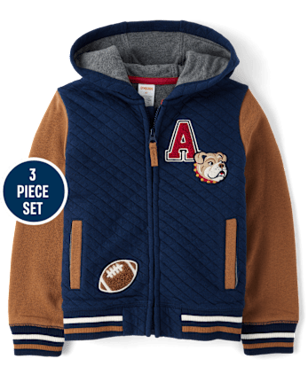 Kids Embroidered Varsity Zip Up Hoodie 3-Piece Outfit Set - Campus Cuties