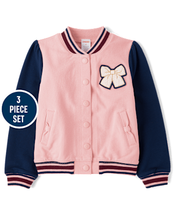 Girls Bow Varsity Jacket 3-Piece Outfit Set - Campus Cuties