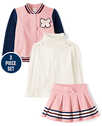Girls Bow Varsity Jacket 3-Piece Outfit Set - Campus Cuties