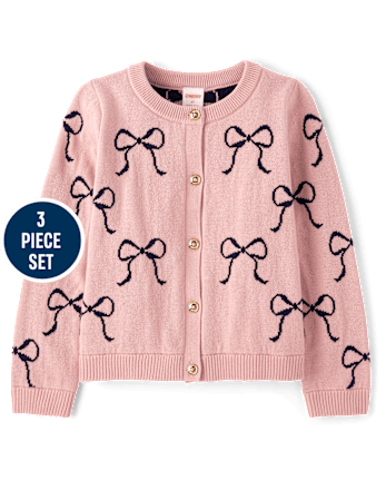 Girls Bow Cardigan 3-Piece Outfit Set - Campus Cuties