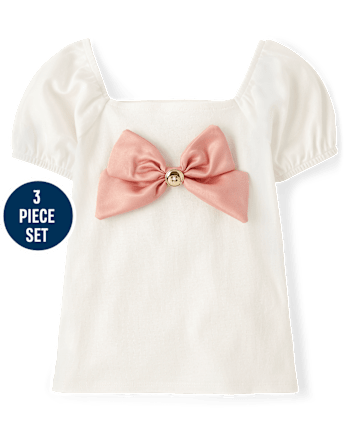 Girls Bow Cardigan 3-Piece Outfit Set - Campus Cuties