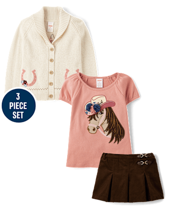 Girls Embroidered Horse 3-Piece Outfit Set - Highland Hills