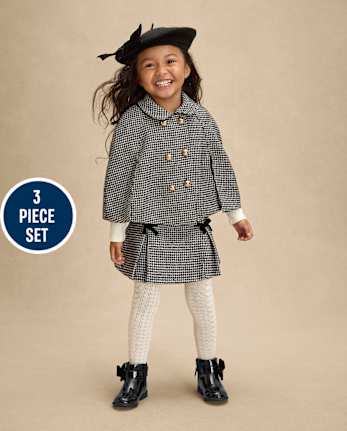 Girls Houndstooth Peter Pan Tweed Cape 3-Piece Outfit Set - Petit Paris