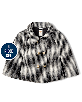 Girls Houndstooth Peter Pan Tweed Cape 3-Piece Outfit Set - Petit Paris
