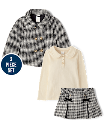 Girls Houndstooth Peter Pan Tweed Cape 3-Piece Outfit Set - Petit Paris