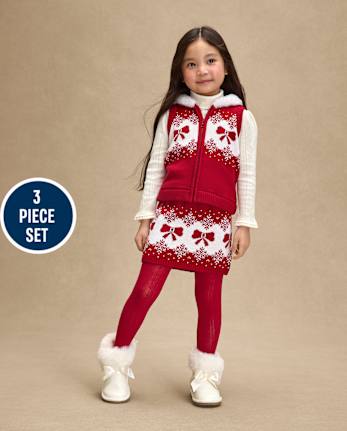 Girls Bow Fairisle Hooded Sweater Vest 3-Piece Outfit Set - Royal Christmas