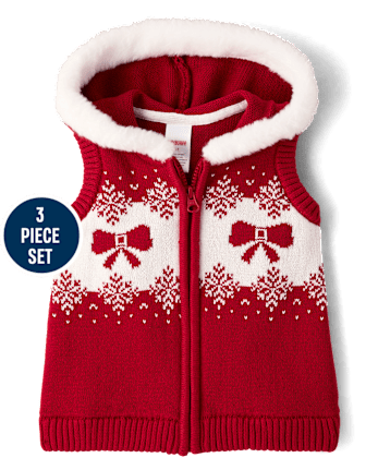 Girls Bow Fairisle Hooded Sweater Vest 3-Piece Outfit Set - Royal Christmas