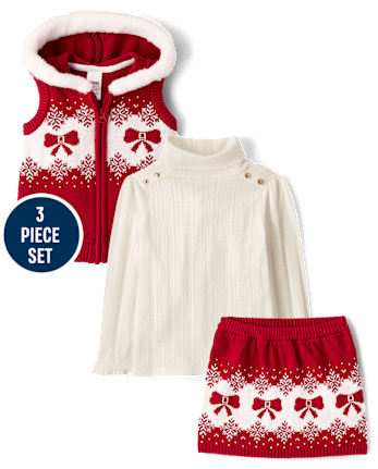 Girls Bow Fairisle Hooded Sweater Vest 3-Piece Outfit Set - Royal Christmas