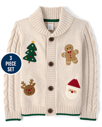 Boys Crochet Holiday Shawl Cardigan 3-Piece Outfit Set - Royal Christmas