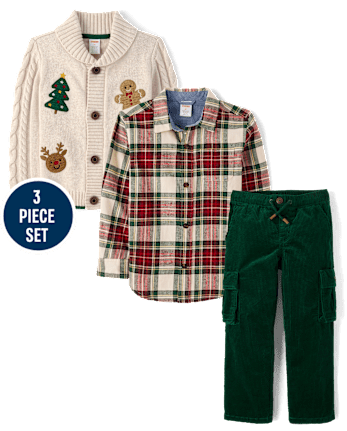 Boys Crochet Holiday Shawl Cardigan 3-Piece Outfit Set - Royal Christmas