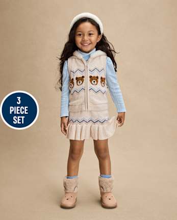 Girls Bear Fairisle 3-Piece Outfit Set - First Frost