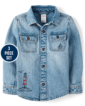Boys Embroidered Lighthouse 3-Piece Outfit Set - Driftwood Bay