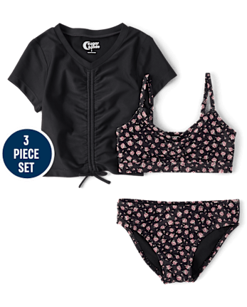 Tween Girls Floral Ruched 3-Piece Swimsuit