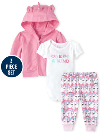 Conjunto de ropa de juego de 3 piezas con capucha y cremallera de manga larga de felpa francesa con capucha y pantalones de felpa con estampado de unicornio para bebé niña