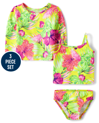 Toddler Girls Long Sleeve Tropical Print 3-Piece Swimsuit | The ...