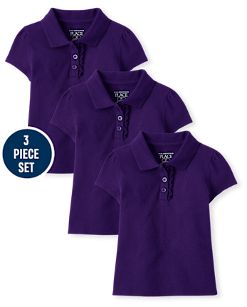 Toddler Girls Uniform Ruffle Soft Stretch Pique Polo 3-Pack - REGAL VIOLET