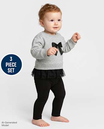 Ensemble de vêtements de jeu 3 pièces pour bébé fille avec nœud en dentelle - MARSHMALLOW