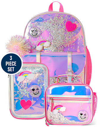 Girls Holographic Shakey Happy Face Backpack 3-Piece Set