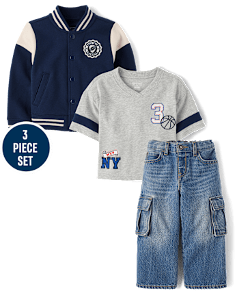 Baby And Toddler Boys Embroidered Varsity 3-Piece Outfit Set