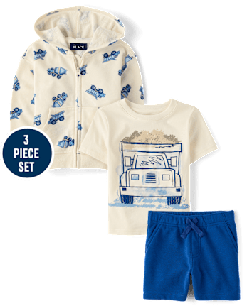 Baby And Toddler Boys Puff Print Construction Vehicle 3-Piece Outfit Set