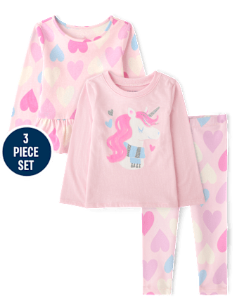 Toddler Girls Unicorn Heart 3-Piece Outfit Set - ROSE MIST